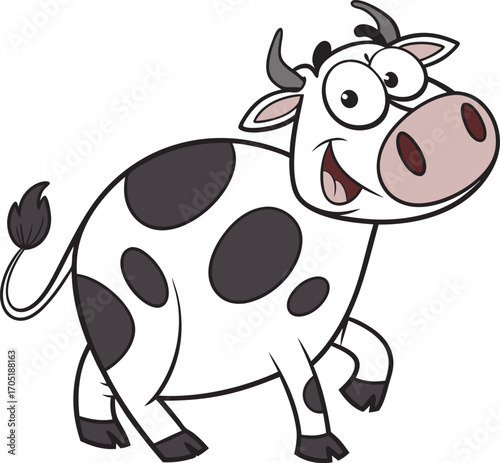 Funny Cartoon Cow with Big Eyes and Black Spots Walking on Black Background cattle