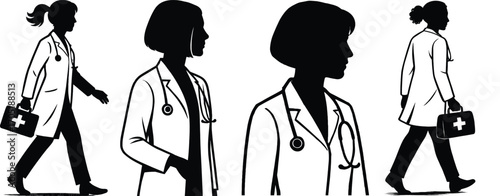 Set of four female doctor silhouettes in medical coats carrying bags and stethoscopes 