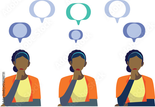 Editable Vector Illustration of Women Contemplating a Puzzle of Thoughts Immersed in a Sea of Ideas Searching for Clarity and Direction on a Clean Background.