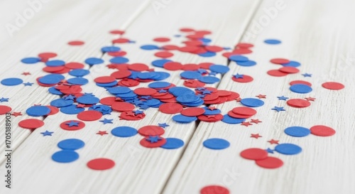 Scattered red and blue circular and star-shaped confetti on a white wooden surface.  The confetti is loosely clustered, creating a festive, slightly haphazard pattern