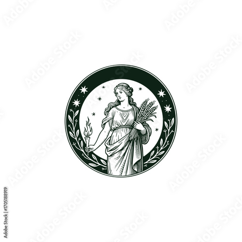 engraving of a woman, representing the Virgo zodiac sign. Vector template illustration