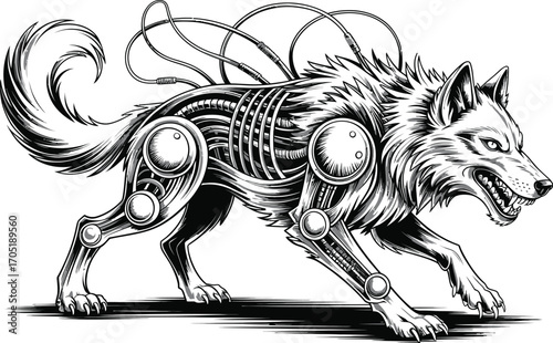 Black and white illustration of a robotic wolf with wires