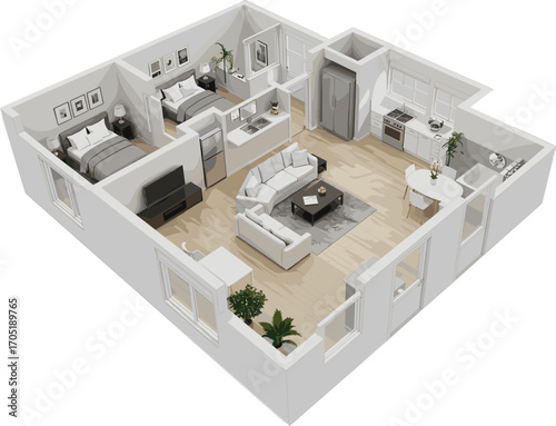 3D apartment floor plan, modern two-bedroom layout, open kitchen, stylish living room, bathroom, minimal decor, realistic interior rendering