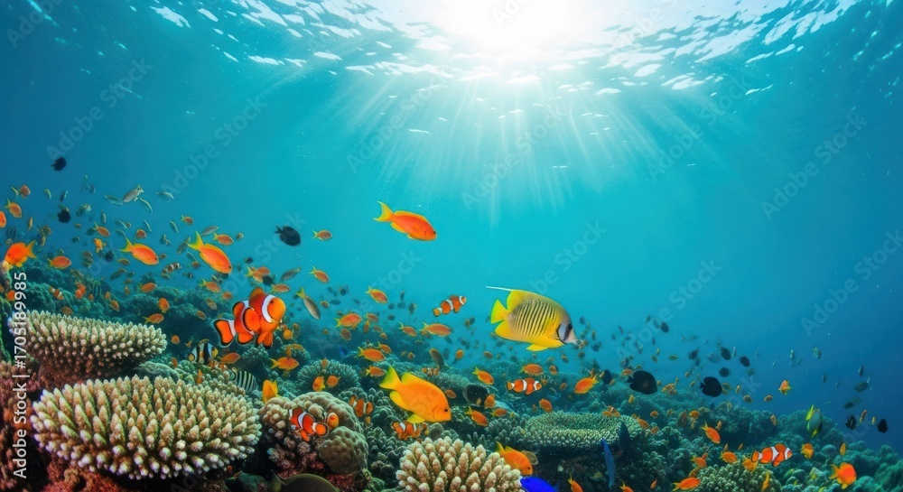 Fototapeta premium Underwater reef teeming with colorful fish, sun rays shining through water