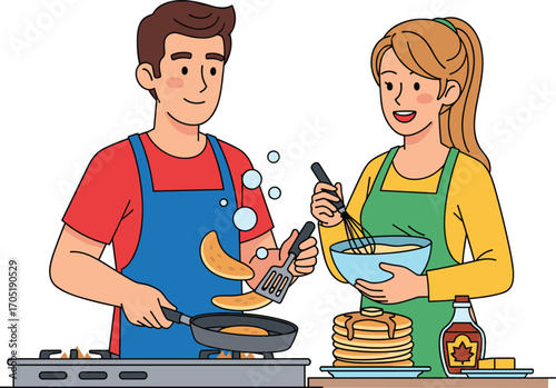 Man and woman cooking pancakes together in kitchen, mixing batter, flipping food, happy breakfast time, flat vector illustration, cartoon style
