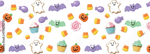 Seamless border of halloween candy festive design with sweets, ghost, bat, pumpkin, cupcake and lollipop