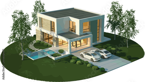 Luxury modern villa with glass walls, flat roof, pool, two cars, 3D rendering, surrounded by landscaped garden and trees