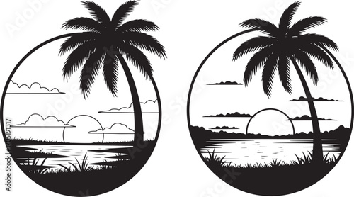 Two oval tropical beach scenes with palm tree silhouettes