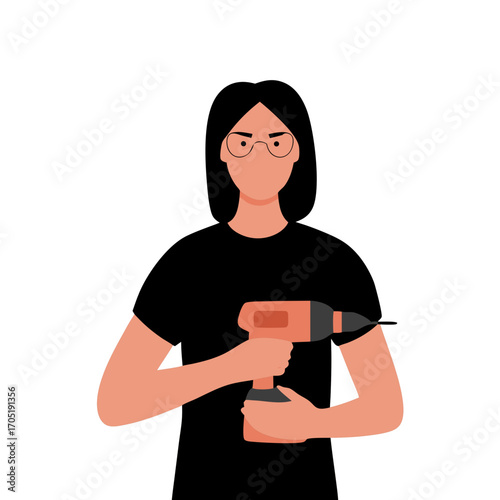Stylized female worker holding a power drill against a white background
