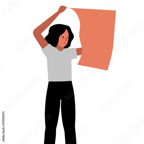 Focused young woman removing old wallpaper with a smile on a white background, copy space
