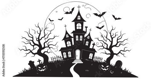 Spooky Halloween haunted house with bats, pumpkins