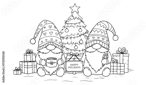 Two gnomes with Christmas tree gifts and candy cane dwarf dwarfs