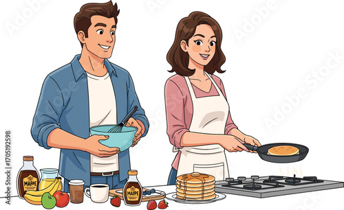 Couple making pancakes together in kitchen, cooking breakfast, happy moment, love, home food preparation, flat vector illustration