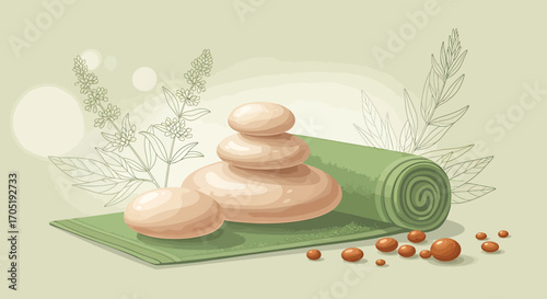 Stacked Smooth Spa Stones with Rolled Green Yoga Mat and Relaxation Concept.