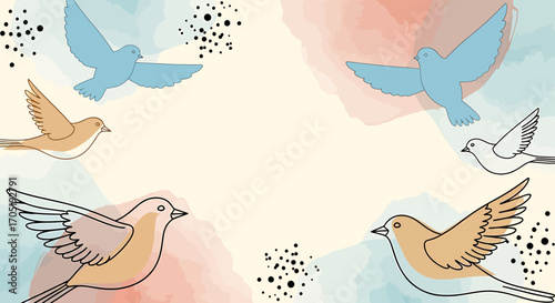 Watercolor Birds Illustration - Flying Pigeons and Sparrows with Delicate Outlines.