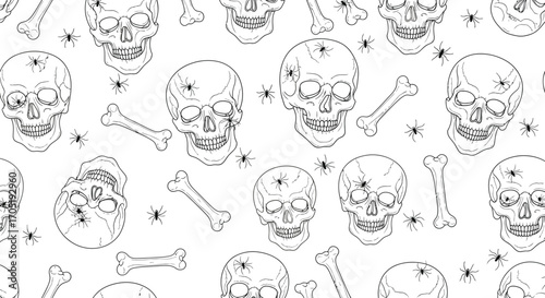 Seamless pattern of skulls and bones, creating a spooky and macabre design for halloween or gothic themes