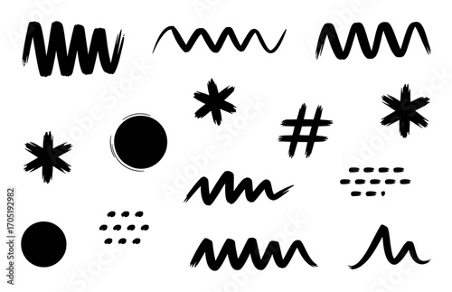 Black Brush Stroke Shapes and Symbols on White Background