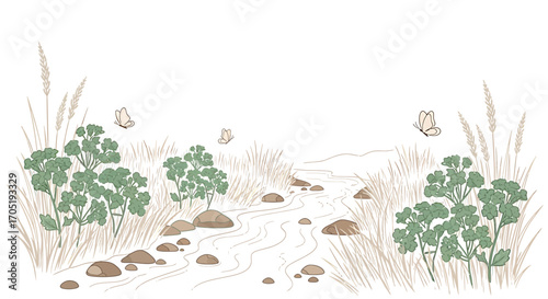 Delicate Watercolor Illustration of a Serene Desert Stream with Lush Green Shrubs and Butterflies.