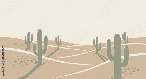 Minimalist desert landscape with saguaro cacti, sandy dunes, and soft shadows.