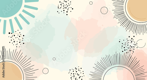 Pastel abstract background with hand-drawn sun shapes, scattered dots, and soft watercolor textures.