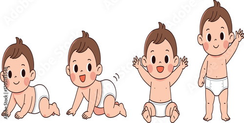 Baby development stages illustration, cartoon infant growth vector, crawling sitting standing clipart, early childhood milestone artwork, educational parenting design