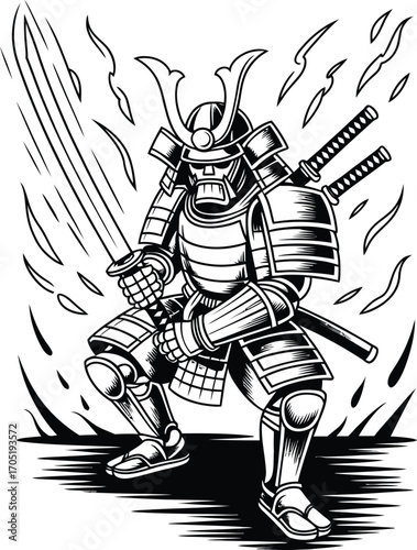 Samurai warrior in armor holding sword with swords on back