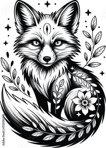 Black and white fox illustration with floral elements 1