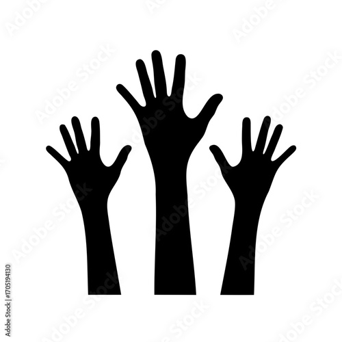 Raised Hands Silhouette Symbolizing Participation, Unity and Seeking Assistance in Black and White