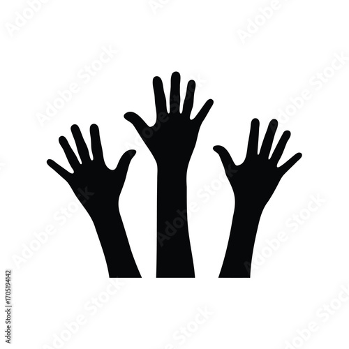 Three raised hands in silhouette representing unity, participation and expression