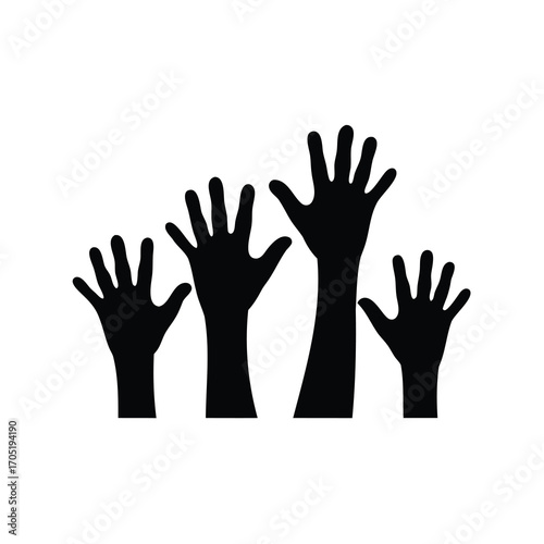 Diverse raised hands silhouette in monochrome illustration represent togetherness and inclusion