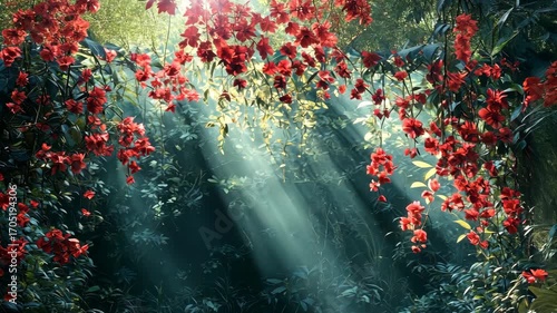 Sunlit Forest Canopy with Vibrant Red Flowers and Mystical Light.