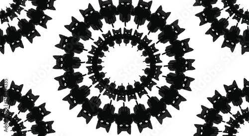 Kaleidoscopic pattern of black cats with piercing yellow eyes, creating a mesmerizing and slightly eerie visual effect