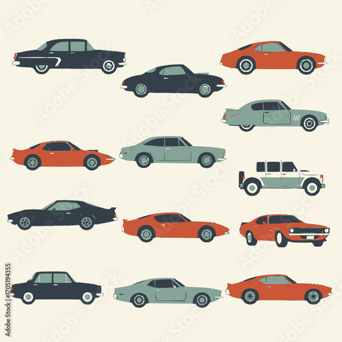 Retro Car Collection Vintage Automotive Illustration with Classic Designs and Colors.