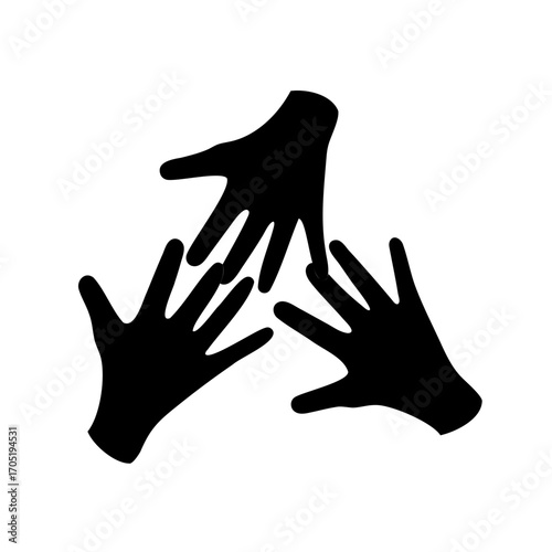 Three black hands in a circular arrangement symbolize unity and support