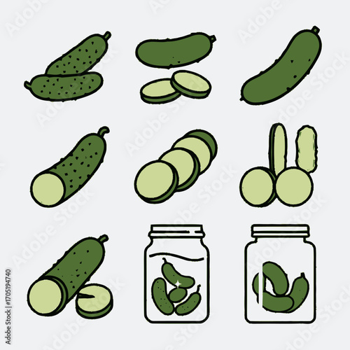 Assorted Green Pickles Whole Sliced and Jarred Outline Style.