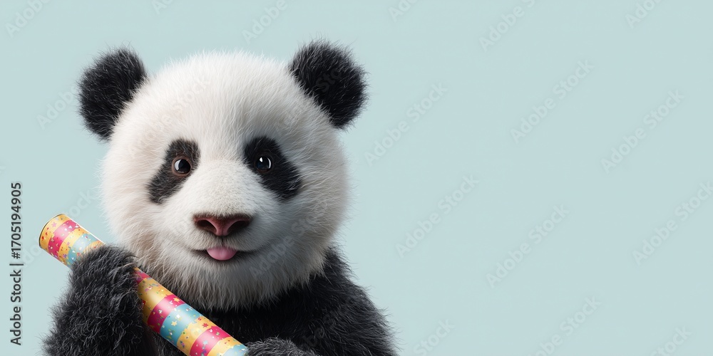 Fototapeta premium Panda holding festive party cracker on pastel cream background. Minimal surreal portrait radiates playful celebration.