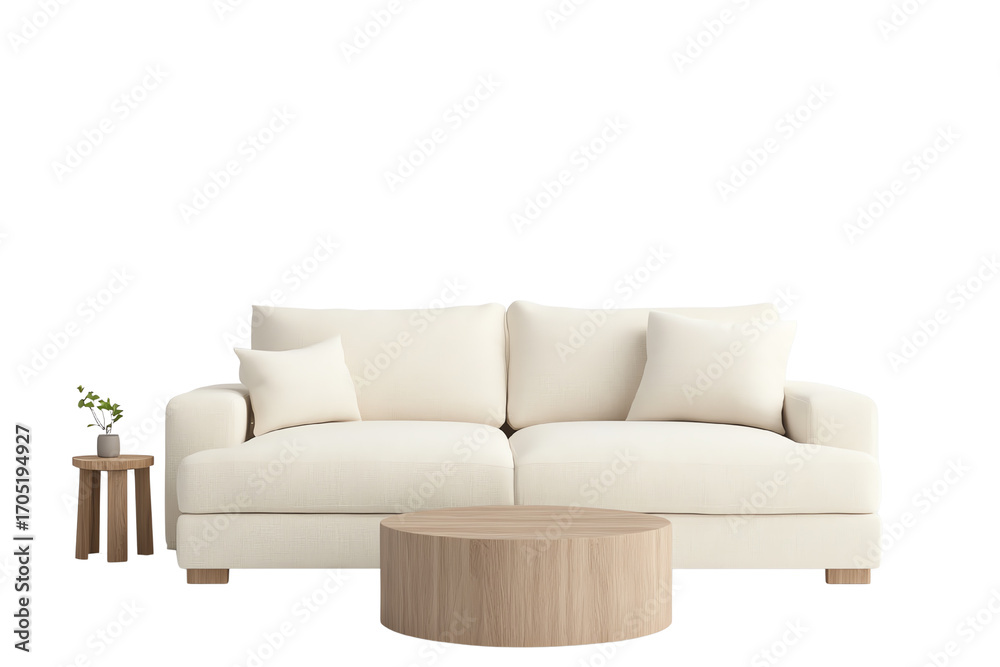 Fototapeta premium Stylish white sofa with round wooden coffee table, minimalist decor for modern living spaces, cozy and inviting atmosphere.