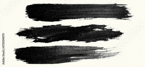 Fototapeta Naklejka Na Ścianę i Meble -  Three horizontal black paint strokes on white background, varying in width and texture (1)
