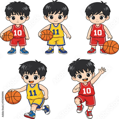 Basketball boys cartoon, team sports illustration, red and yellow uniforms, dribbling and posing characters, youth athlete vector, game scene