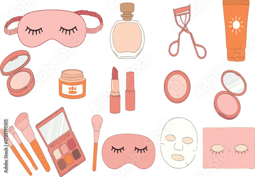Beauty and skincare item illustration, cartoon cosmetic product vector, makeup tools and accessories set, personal care clipart for design