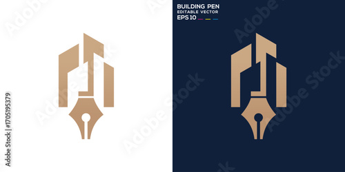 Building and pen logo. Architect, creative, writing, education. Vector icon symbol template EPS 10.