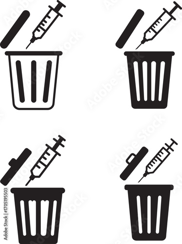 Four medical waste disposal icons with syringe and trash can silhouette