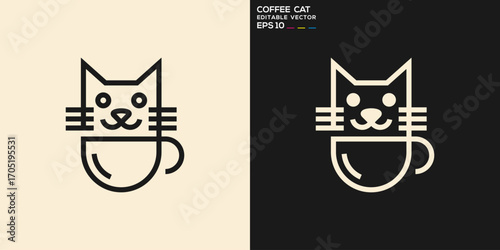 Coffee and cat logo. Pets, drinks, morning, relaxation. Vector icon symbol template EPS 10.
