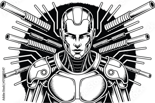 Black and white illustration of a cyborg warrior with pipes