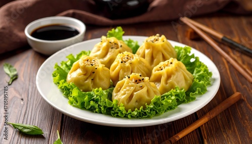 Steamed dumplings on a plate, garnished with lettuce, and soy sauce in the background