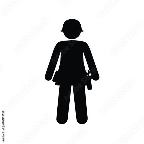Female construction worker icon wearing a safety helmet with tool belt