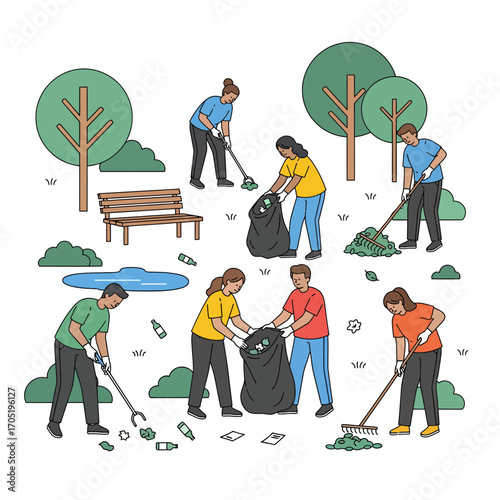 Community volunteers cleaning up trash and raking leaves in a park to promote environmental awareness and sustainability