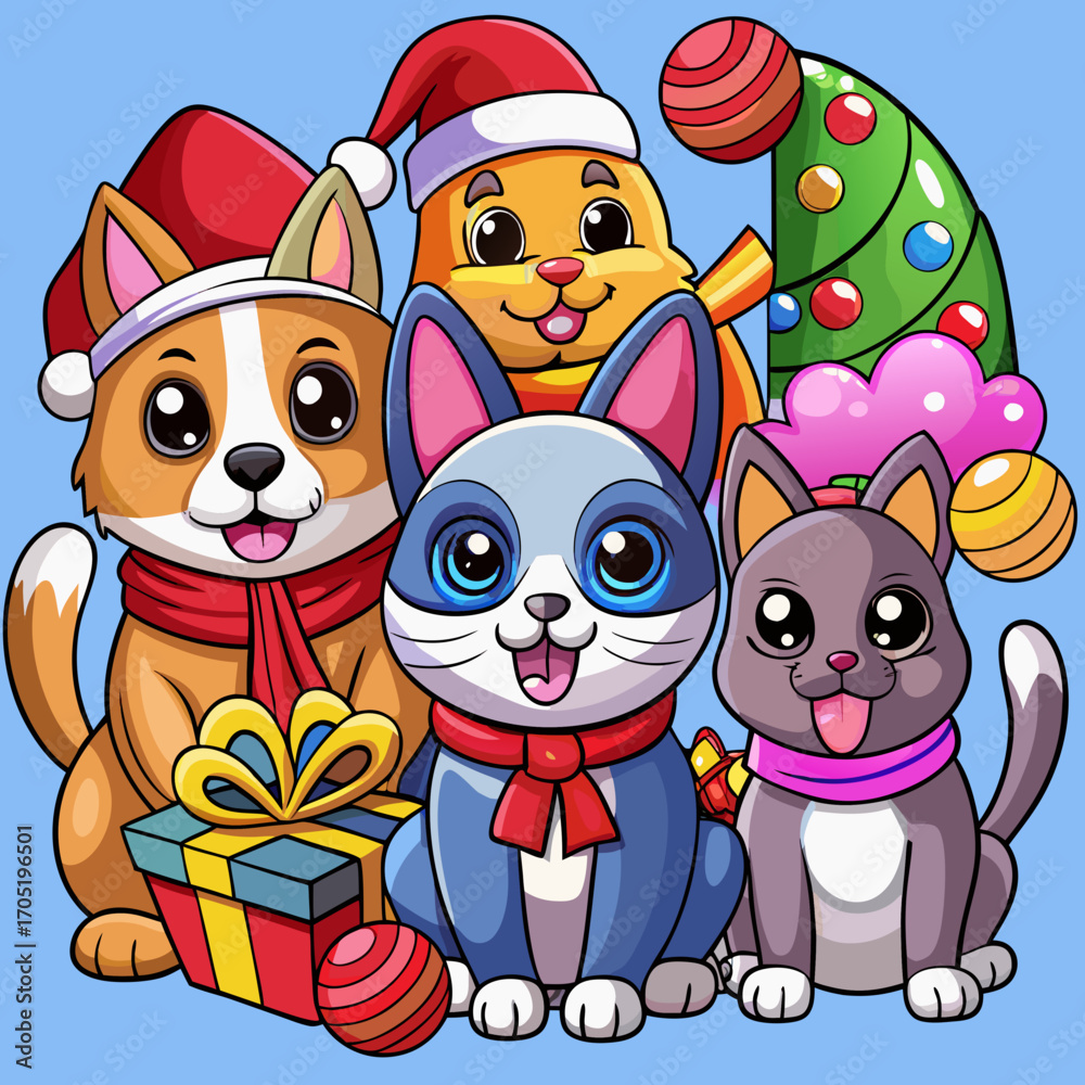 Fototapeta premium Cute cartoon dogs and cats wearing santa hats and scarves with christmas tree and presents celebrating the holiday season