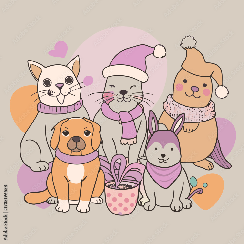 Obraz premium Cute cartoon animals including a cat dog seal and rabbit wearing winter hats and scarves in a pastel color palette with decorative shapes