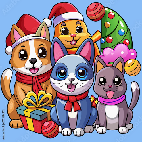 Cute cartoon dogs and cats wearing santa hats and scarves with christmas tree and presents celebrating the holiday season